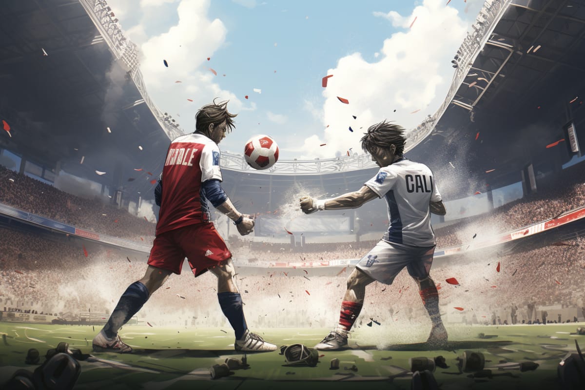 Two football players in the middle of the stadium