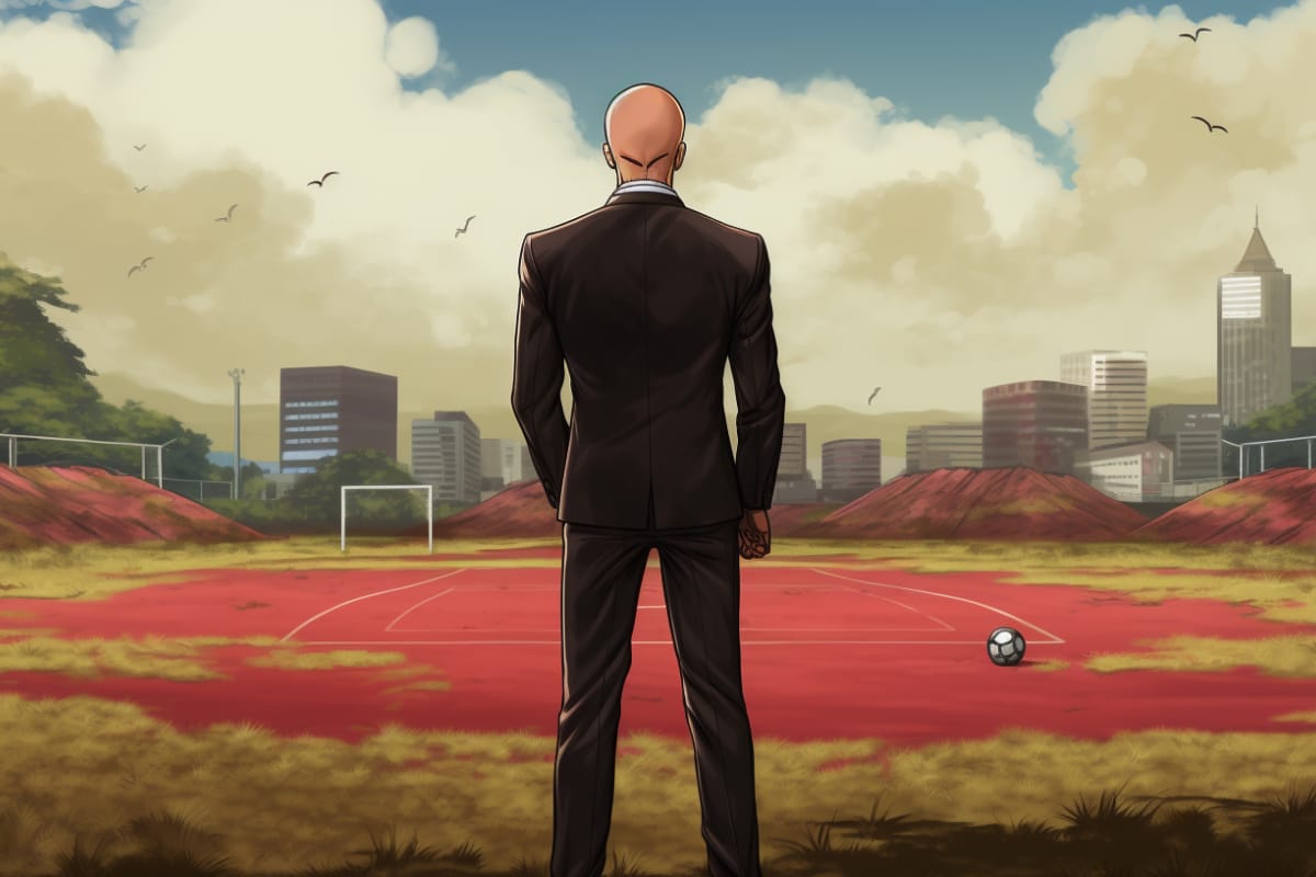 manager looking on red grass stadium