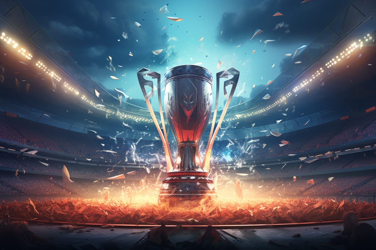 A victory trophy from a place in the middle of a football field