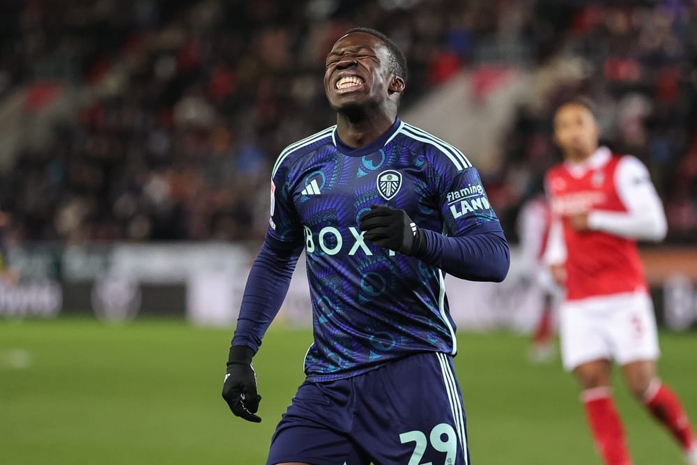 Wilfried Gnonto #29 of Leeds United reacts after a missed chance on goal