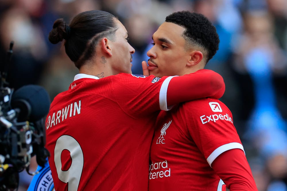 Trent Alexander-Arnold #66 of Liverpool celebrates with Darwin Nunez #9 of Liverpool