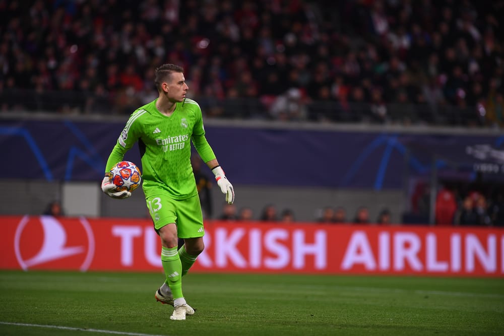 Andriy Lunin, RB Leipzig vs Real Madrid at Red Bull Arena.