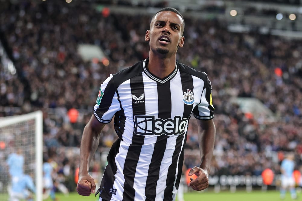 Alexander Isak #14 of Newcastle United celebrates.