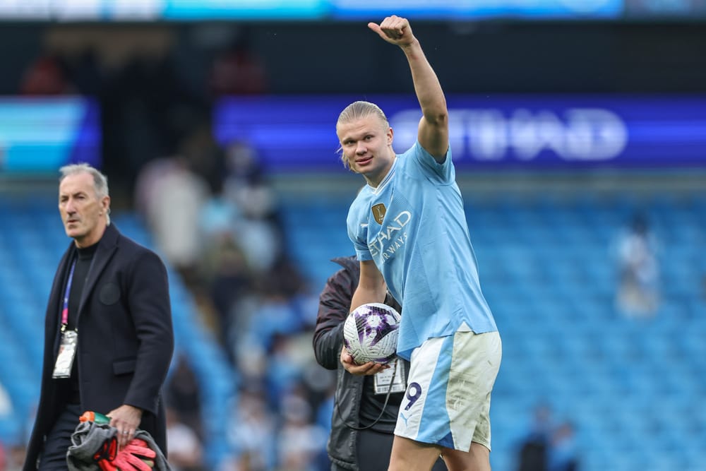 Erling Haaland of Manchester City collects the ball.